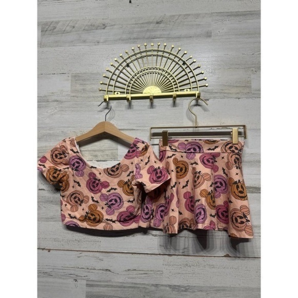 Happy Harlow Halloween Skirt Set Girls 8 Peach Mickey Pumpkin Bats EUC